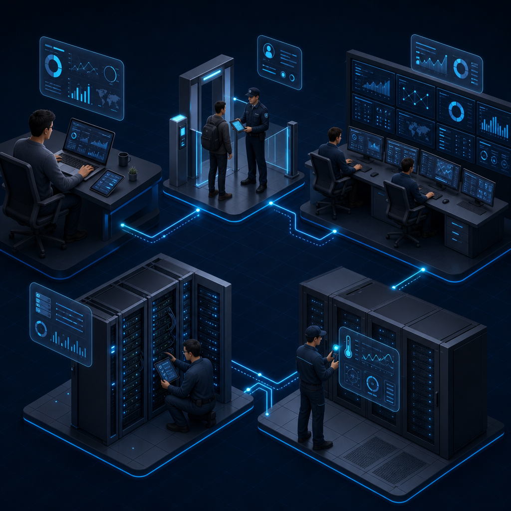 Illustration of one connected colocation operation: a customer raising a request remotely, security checking a visitor at the entrance, the NOC coordinating from a wall of dashboards, an engineer working at the rack with a tablet checklist, and a technician running a health check